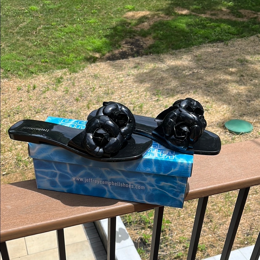Jeffrey Campbell Black Floral Slide Sandals from Anthropologie